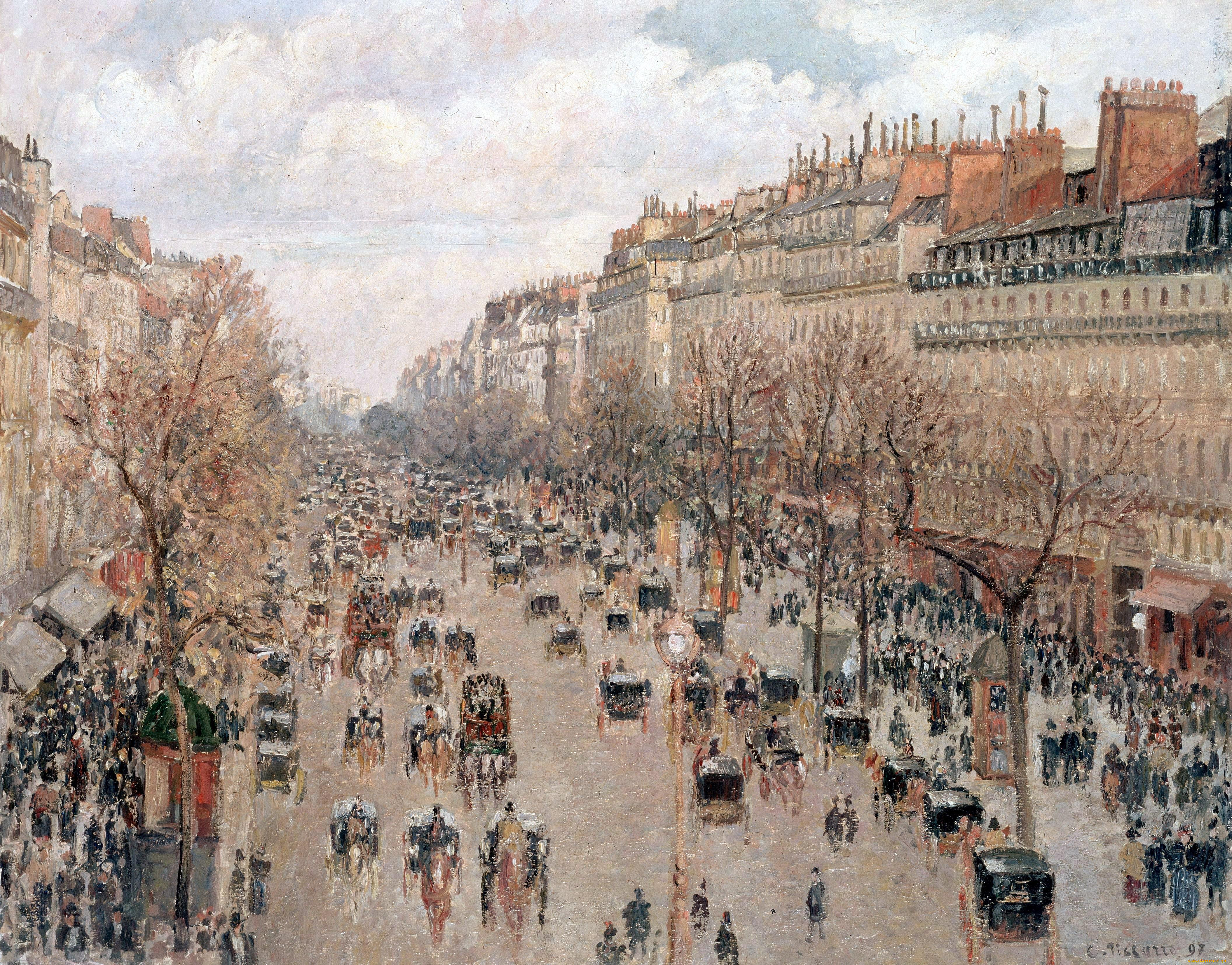 Обои Pissarro Camille - Boulevard Monmartre In Paris Рисованное  -(Живопись), обои для рабочего стола, фотографии pissarro camille -  boulevard monmartre in paris, рисованное, живопись, деревья, кареты, люди,  здания, дома, город, улица, франция,